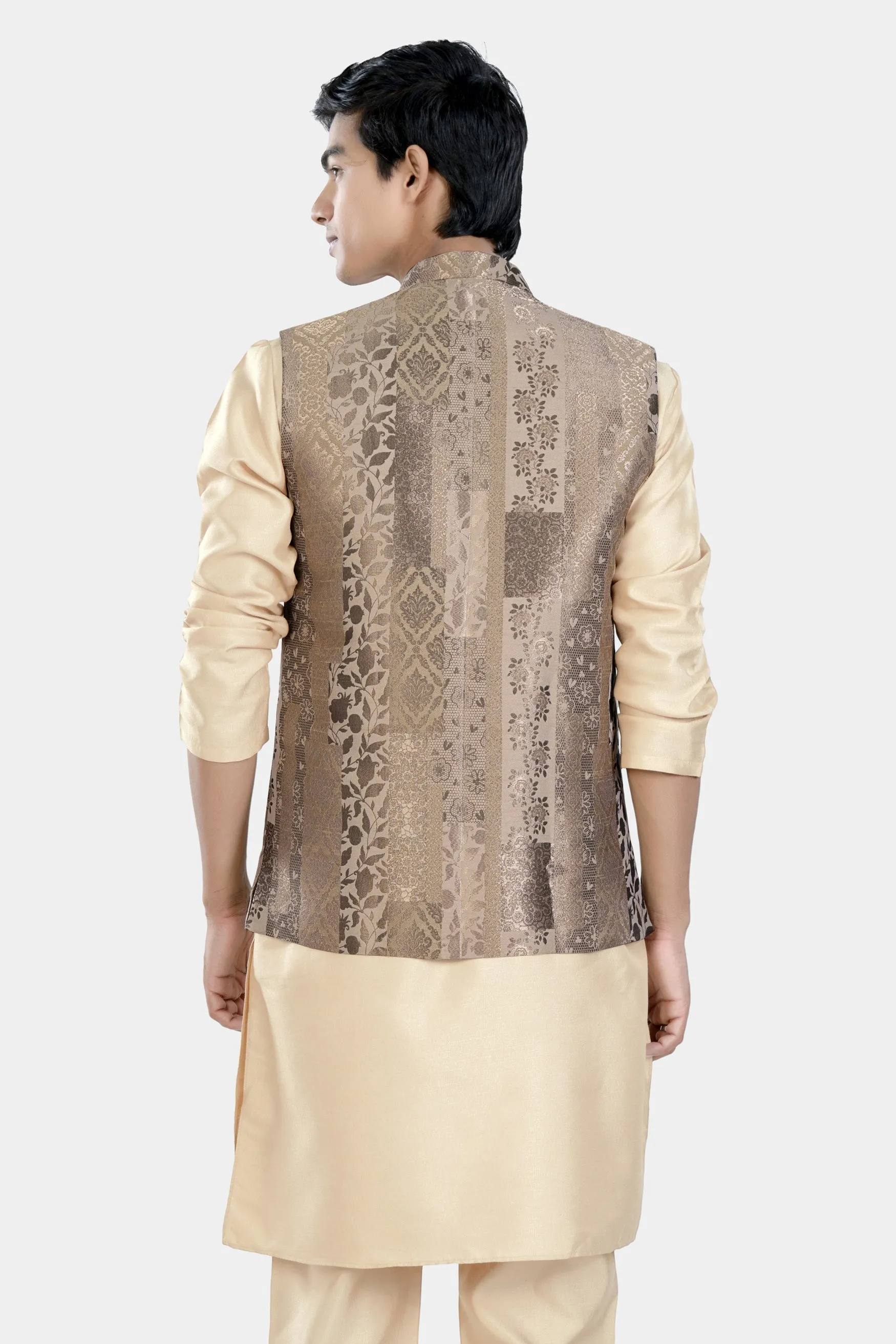 Almond Brown Kurta Set with Cashmere and Sandrift Brown Floral Jacquard Textured Designer Nehru Jacket