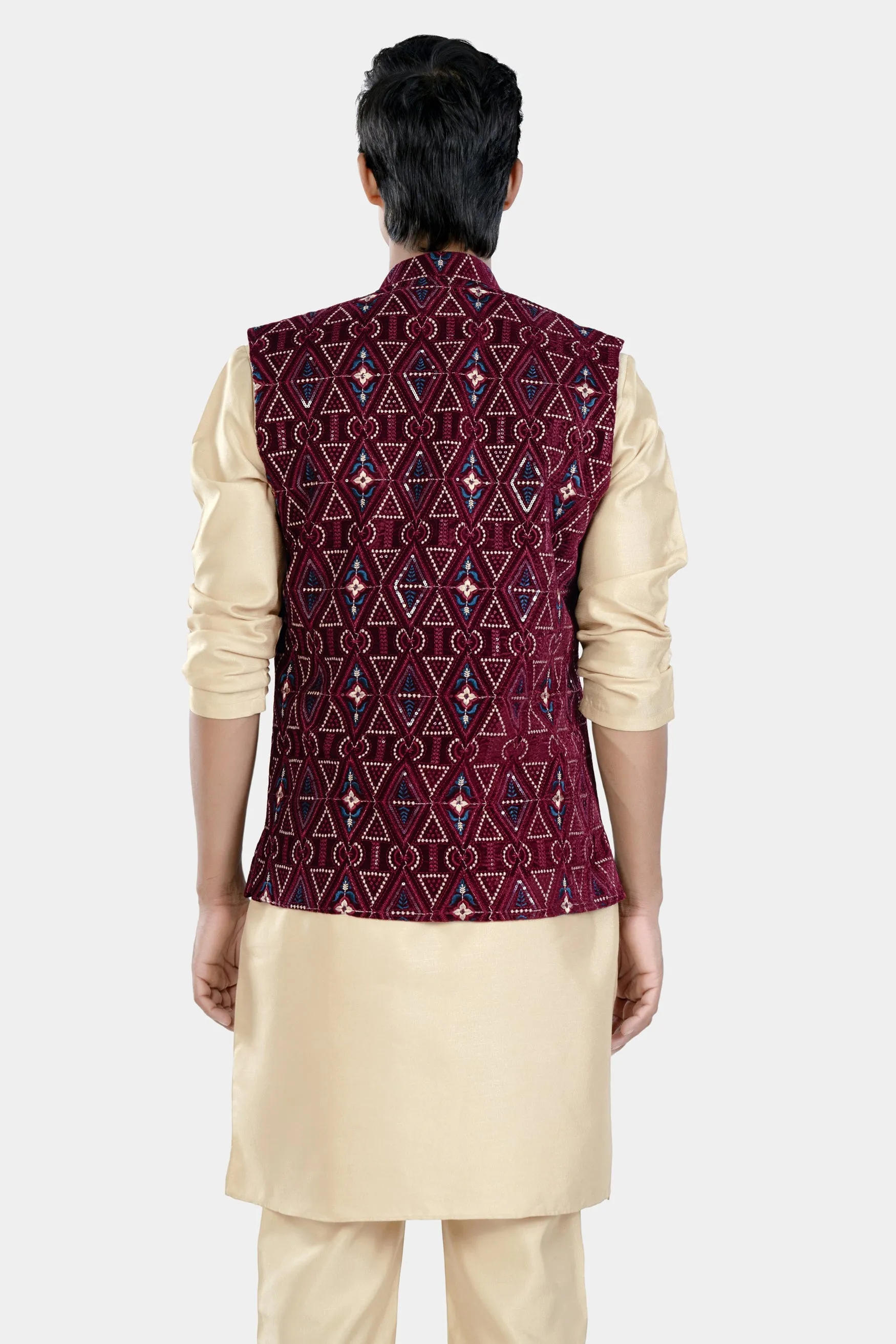 Almond Brown Kurta Set with Castro Maroon Geometric Thread and Sequin Embroidered Designer Nehru Jacket