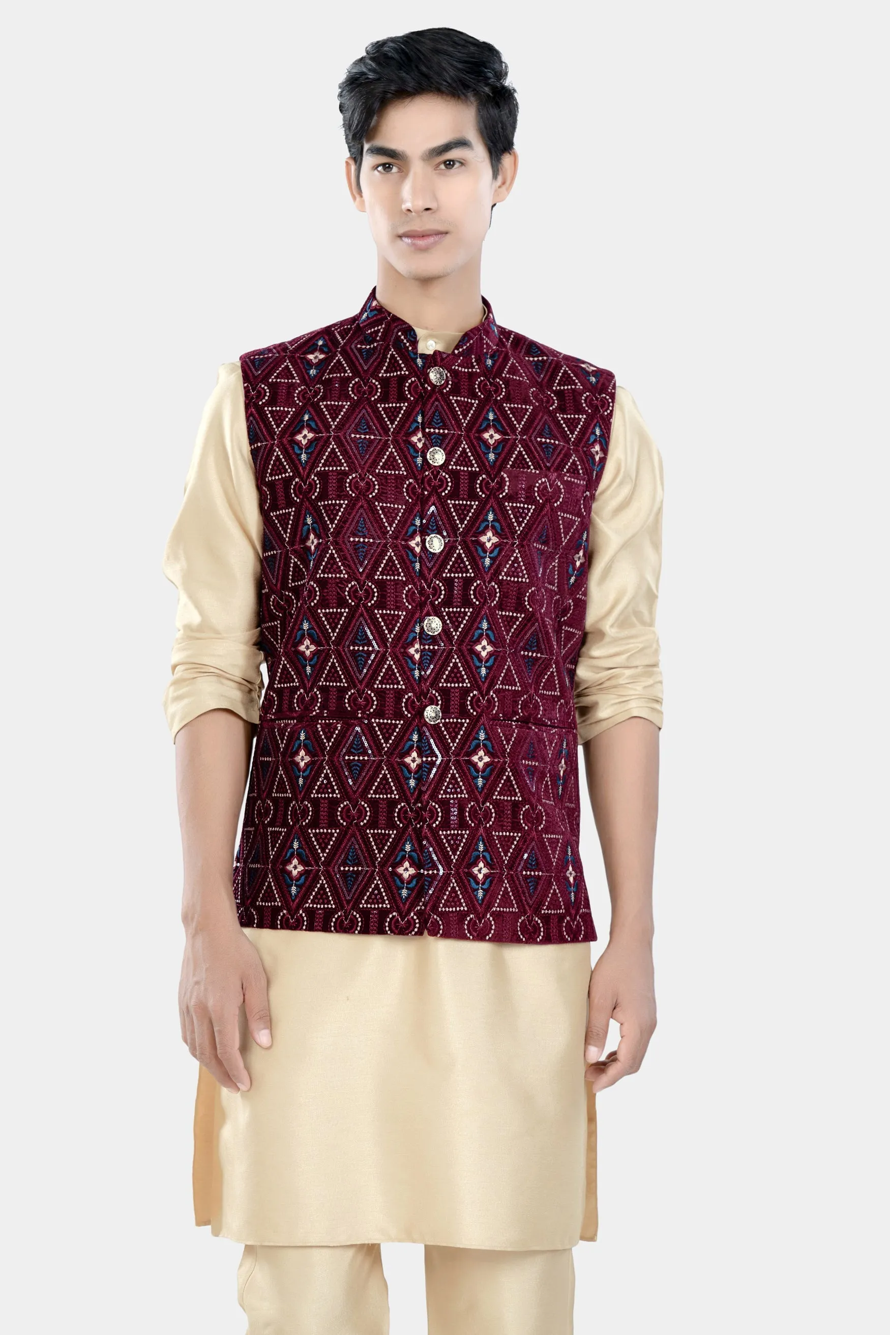 Almond Brown Kurta Set with Castro Maroon Geometric Thread and Sequin Embroidered Designer Nehru Jacket