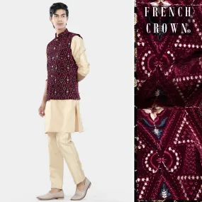 Almond Brown Kurta Set with Castro Maroon Geometric Thread and Sequin Embroidered Designer Nehru Jacket