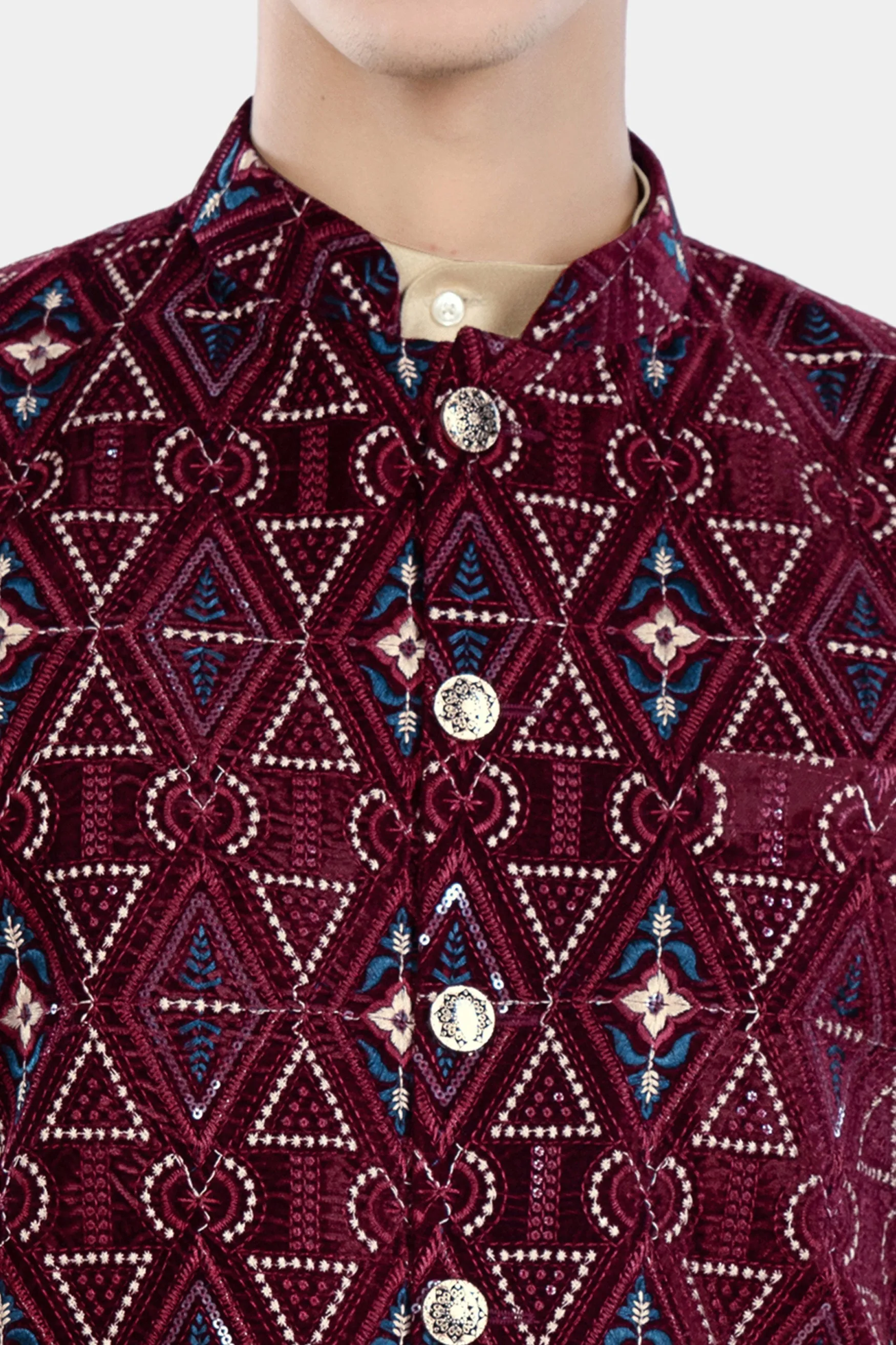 Almond Brown Kurta Set with Castro Maroon Geometric Thread and Sequin Embroidered Designer Nehru Jacket