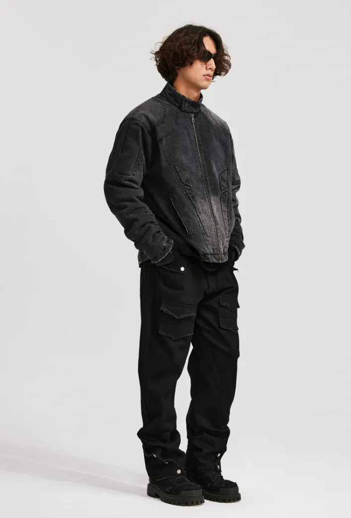 ANTIDOTE Washed Motorcycle Frayed Denim Jacket