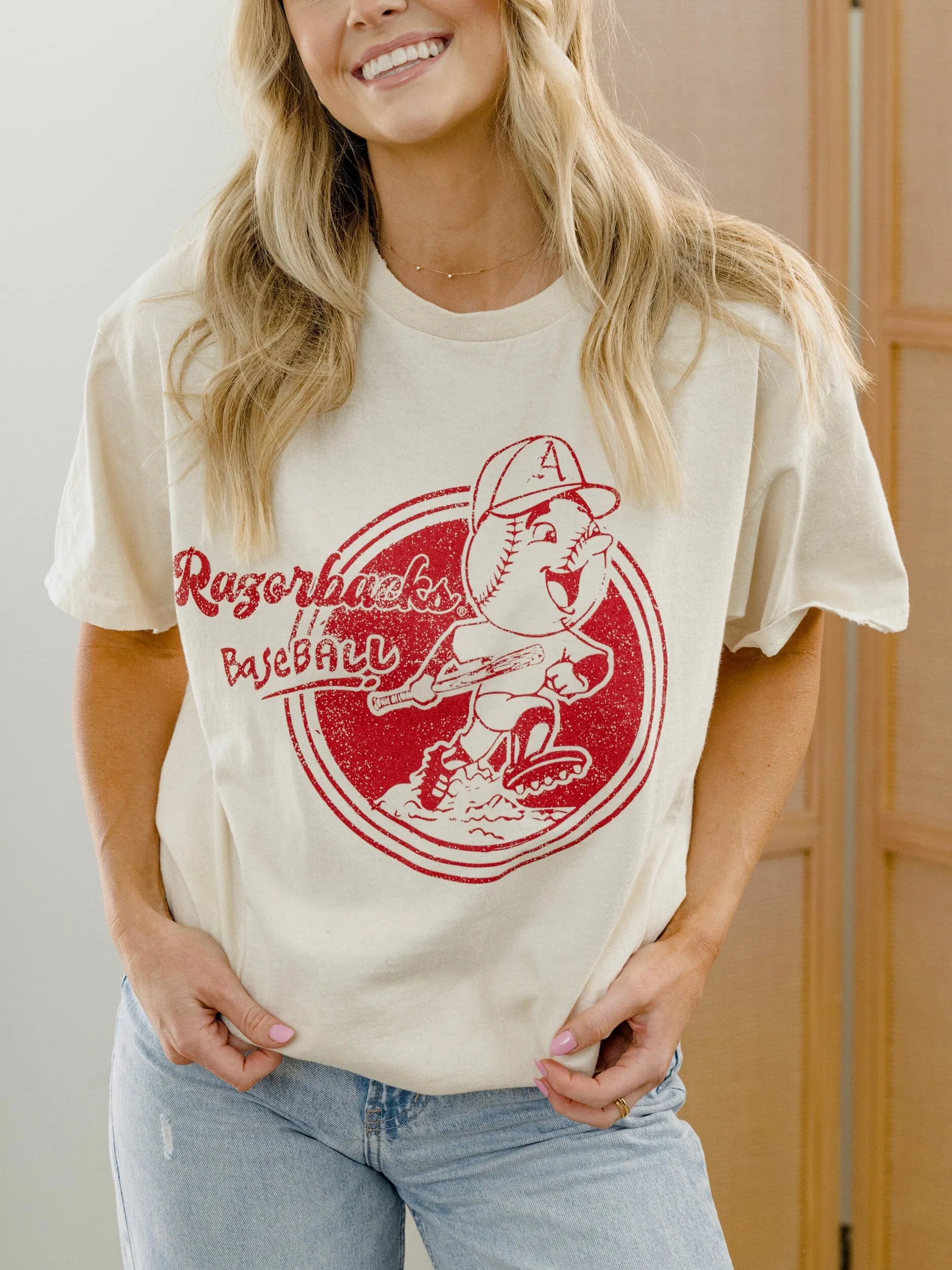 Arkansas Razorbacks Baseball Run Off White Thrifted Tee