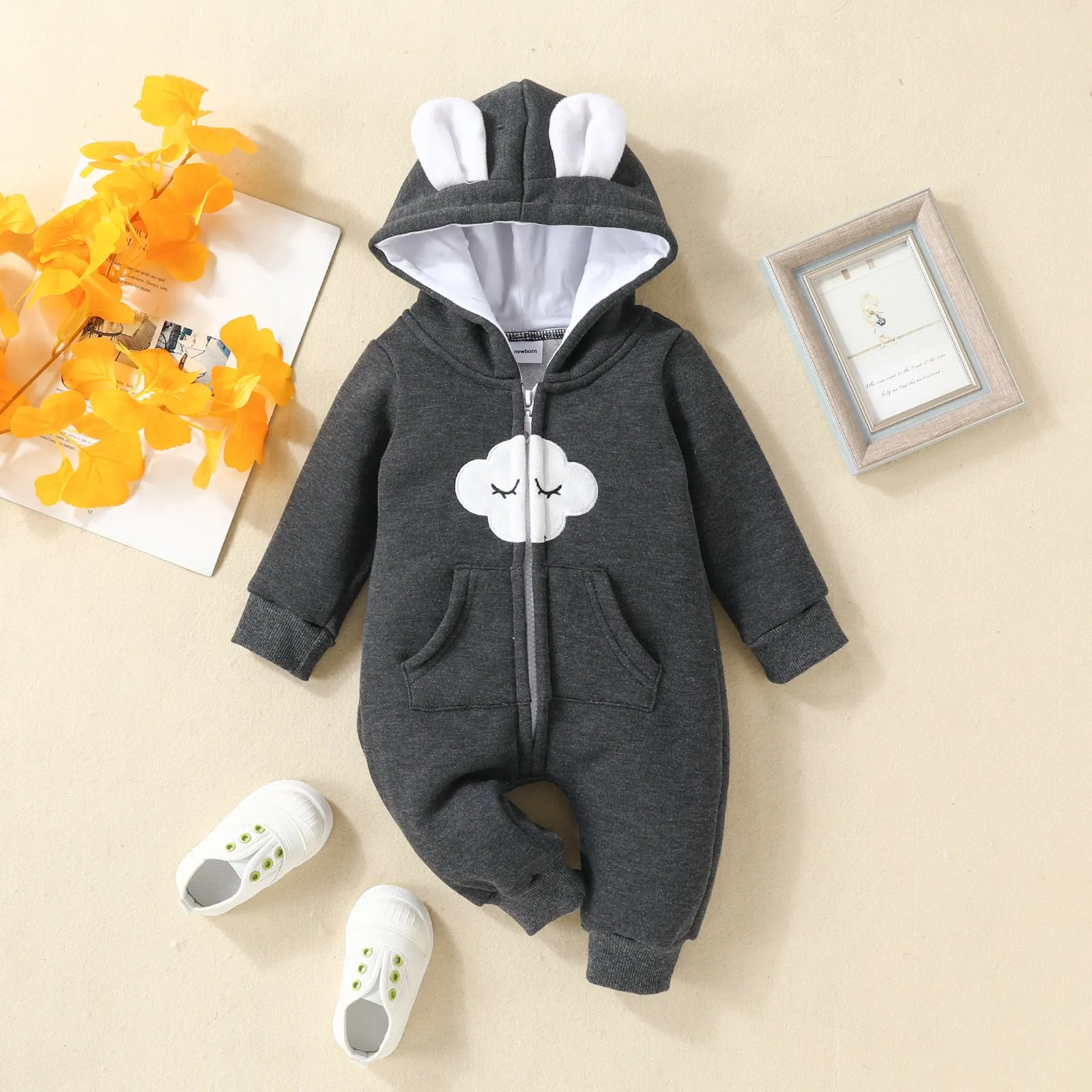 Baby Boys Girls Solid Color Cute Clouds Zipper Long Sleeve Zipper Hooded Jumpsuit