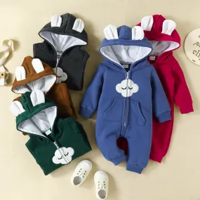 Baby Boys Girls Solid Color Cute Clouds Zipper Long Sleeve Zipper Hooded Jumpsuit