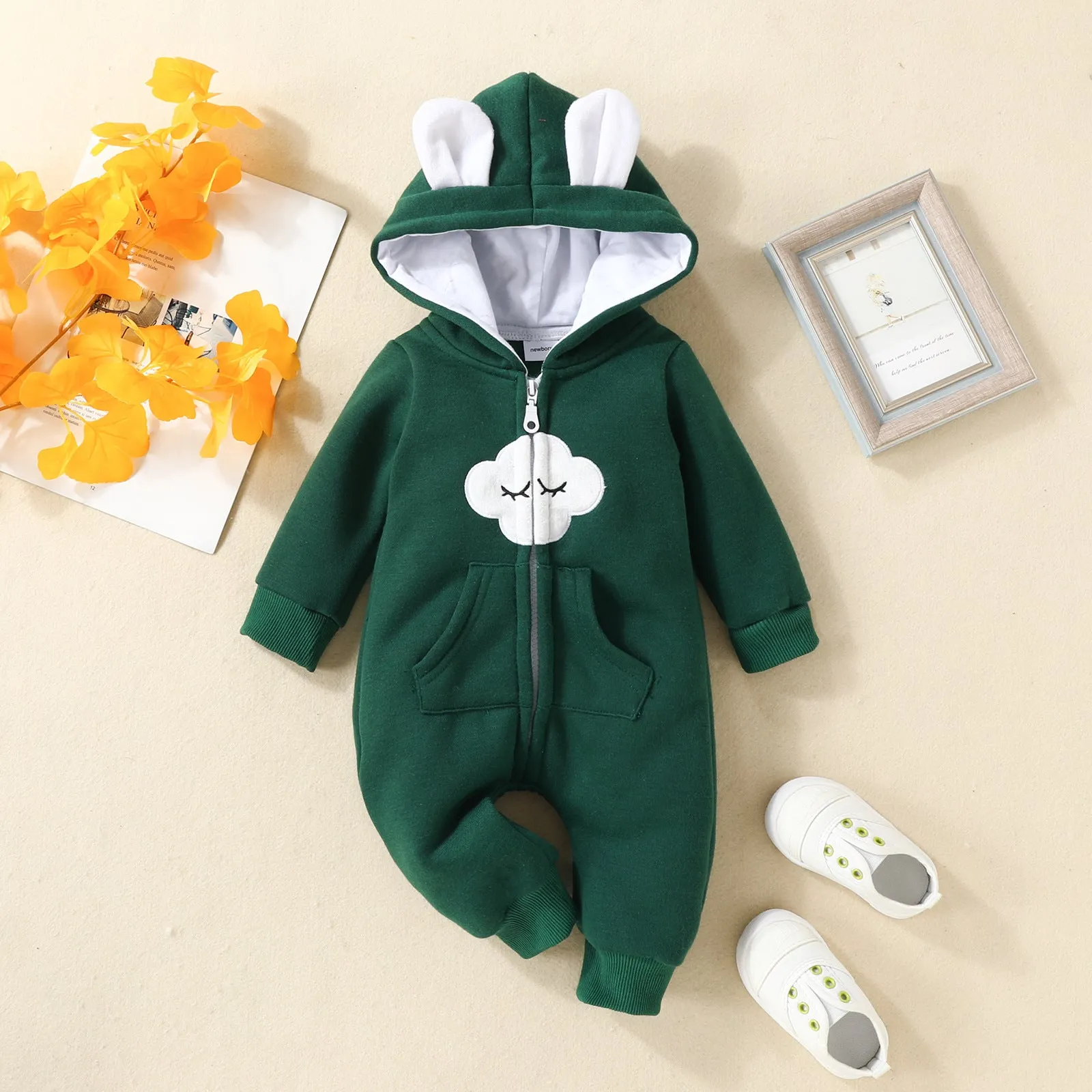 Baby Boys Girls Solid Color Cute Clouds Zipper Long Sleeve Zipper Hooded Jumpsuit