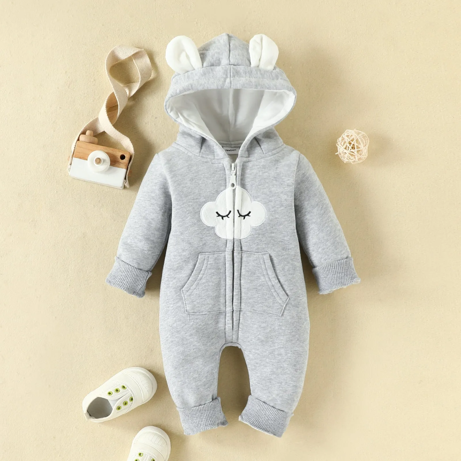 Baby Boys Girls Solid Color Cute Clouds Zipper Long Sleeve Zipper Hooded Jumpsuit