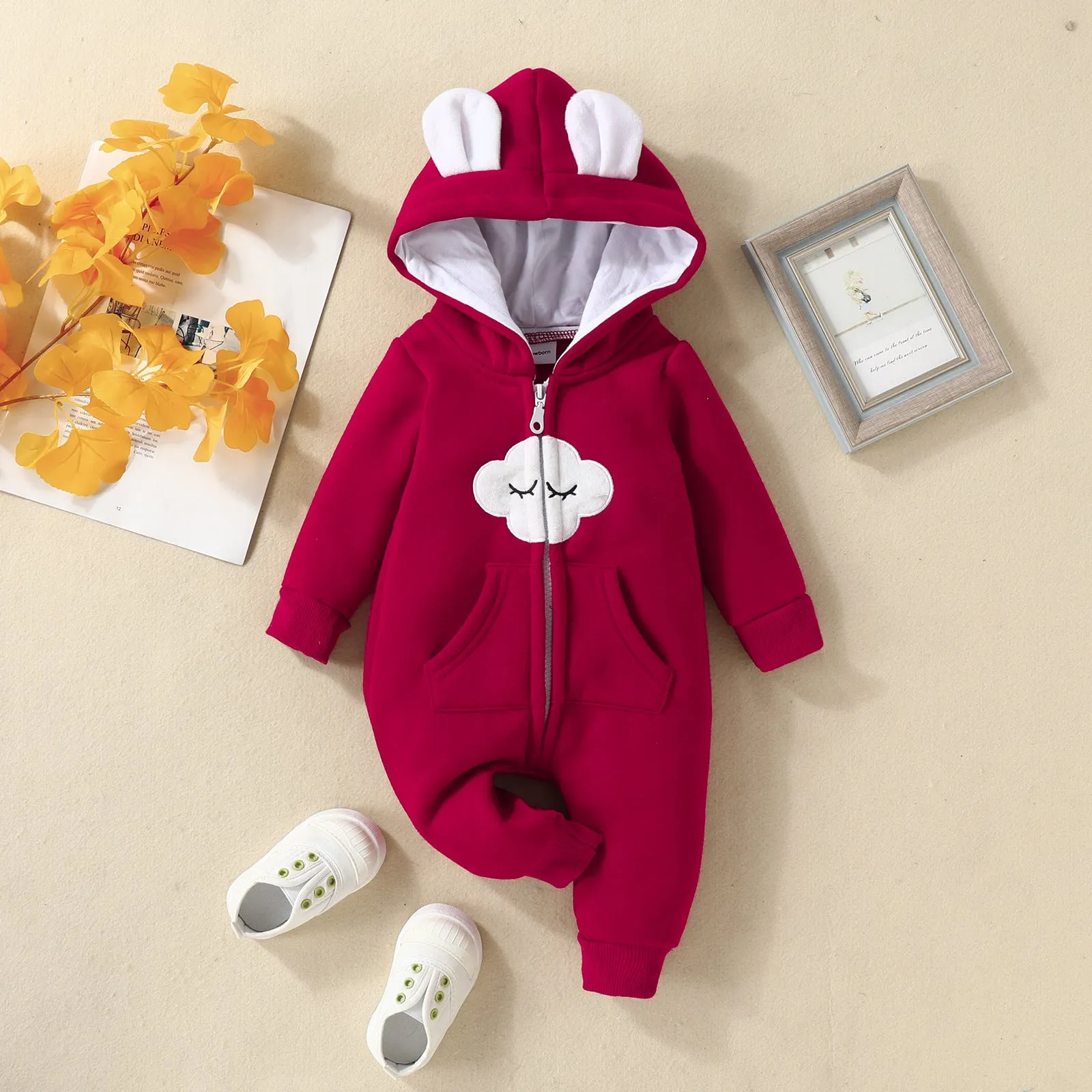 Baby Boys Girls Solid Color Cute Clouds Zipper Long Sleeve Zipper Hooded Jumpsuit