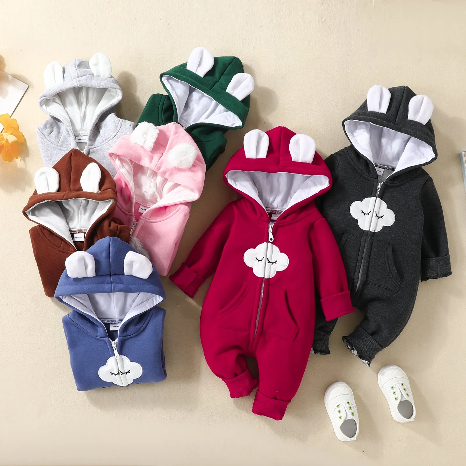 Baby Boys Girls Solid Color Cute Clouds Zipper Long Sleeve Zipper Hooded Jumpsuit