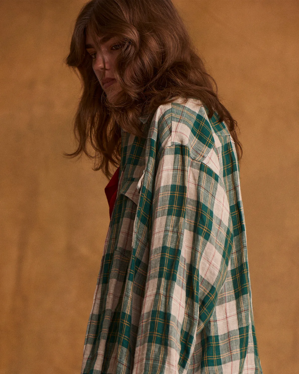 Big Western Plaid Linen Shirt (Green)