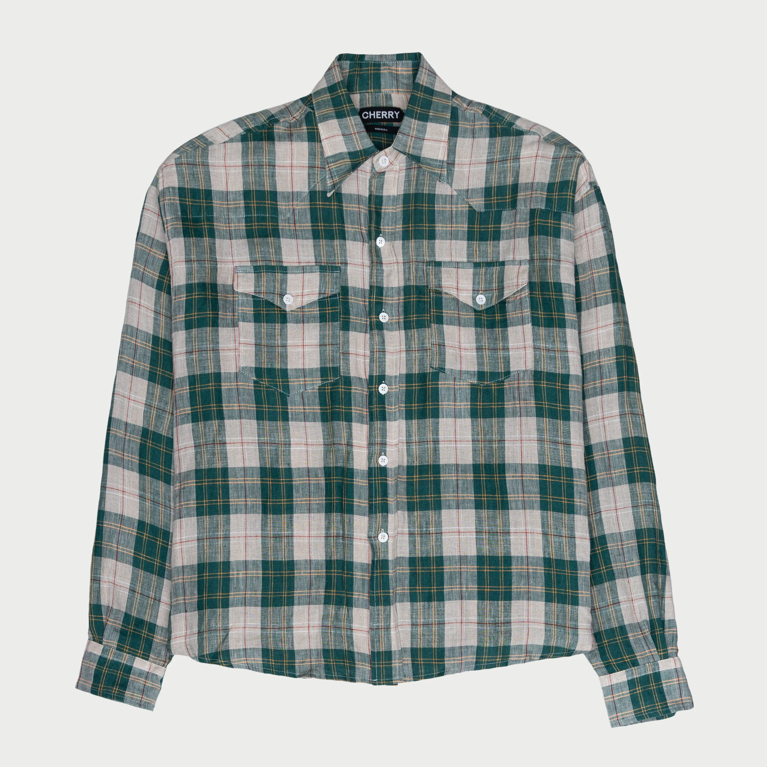 Big Western Plaid Linen Shirt (Green)