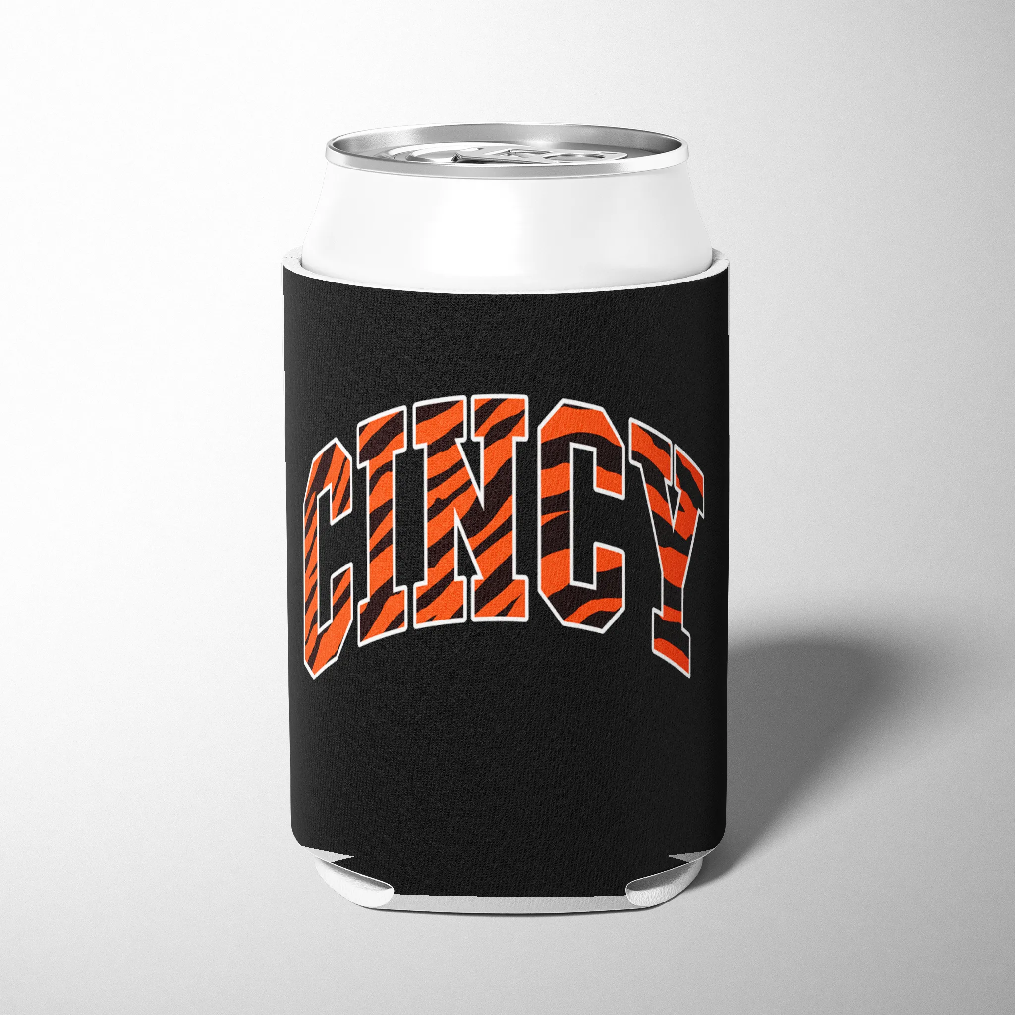 Black Cincy Word Cincinnati OH Bengal Stripe Can Cooler