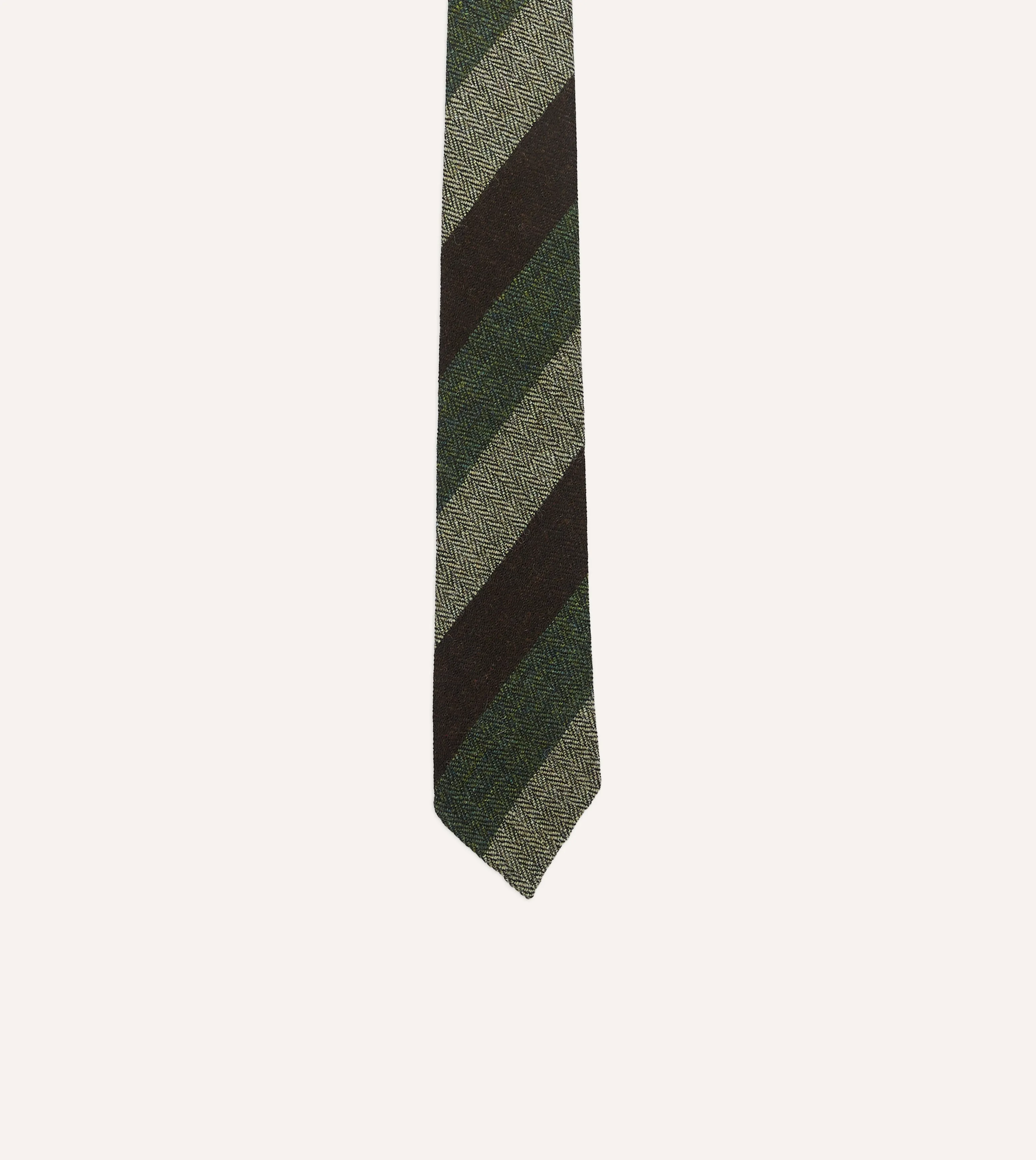 Brown and Green Thick Stripe Herringbone Hand Rolled Shetland Wool Tie