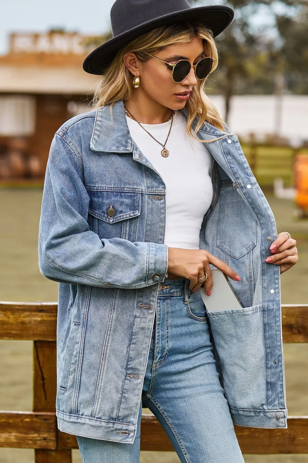 Buttoned Collared Neck Denim Jacket with Pockets