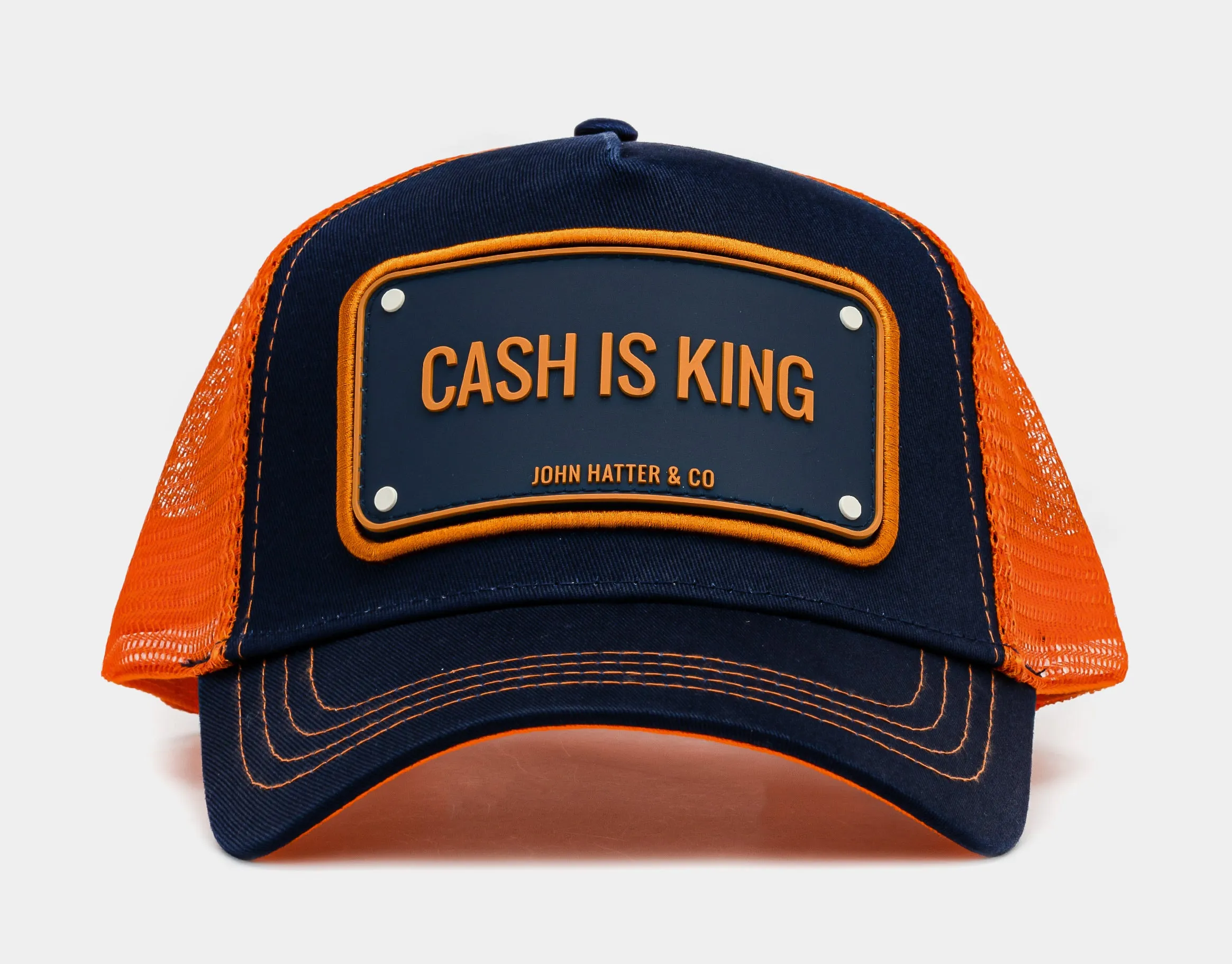 Cash Is King Trucker Mens Hat (Navy/Orange)