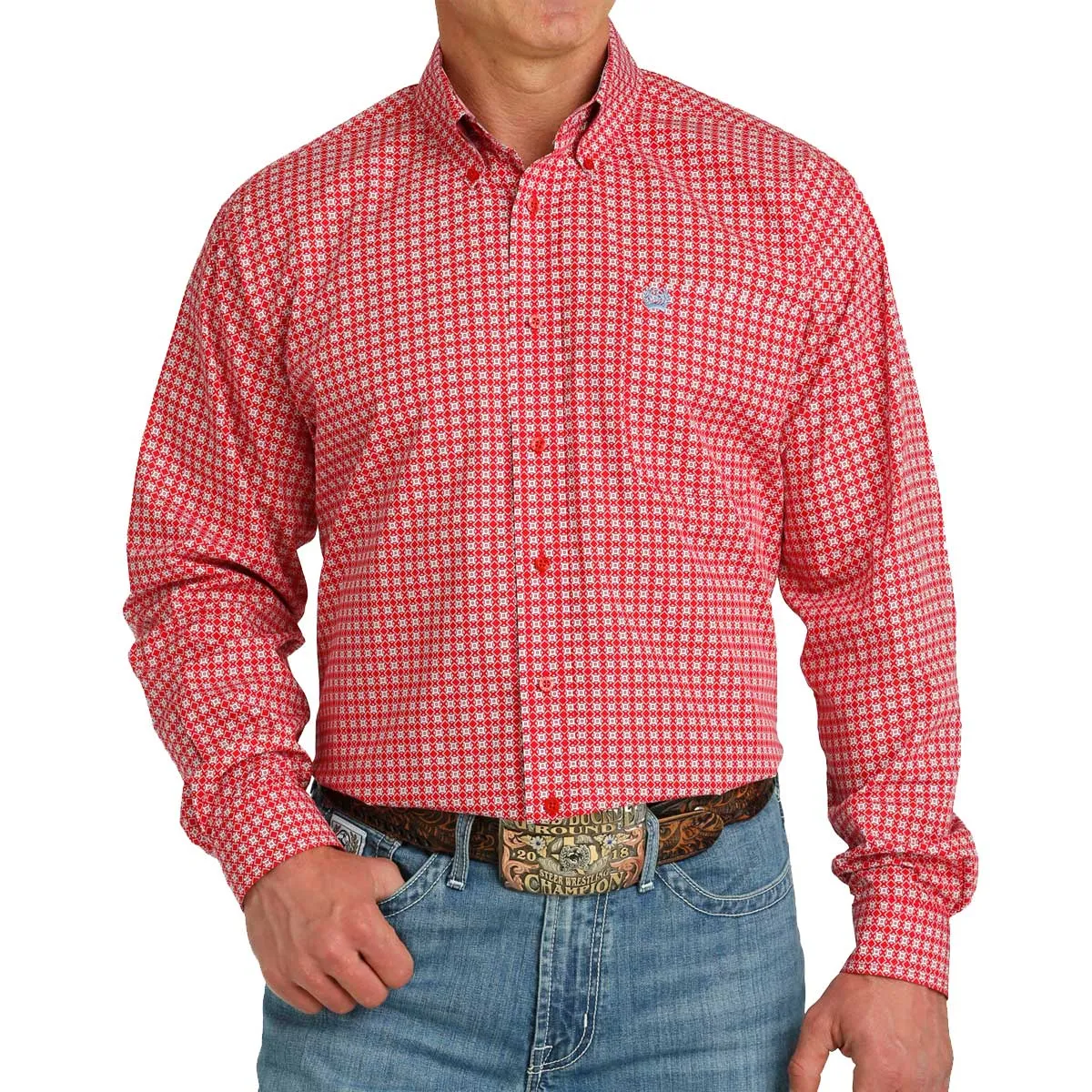 Cinch Men's Geometric Print Button Down Long Sleeve Shirt - Red