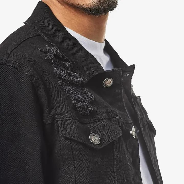 Copper Rivet Ripped Denim Jacket (Jet Black)