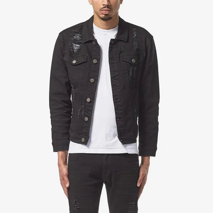 Copper Rivet Ripped Denim Jacket (Jet Black)