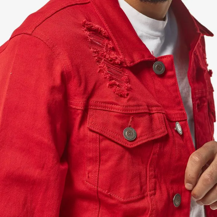 Copper Rivet Ripped Denim Jacket (Red)