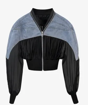 Denim Mixed Fabric Bomber with Zip