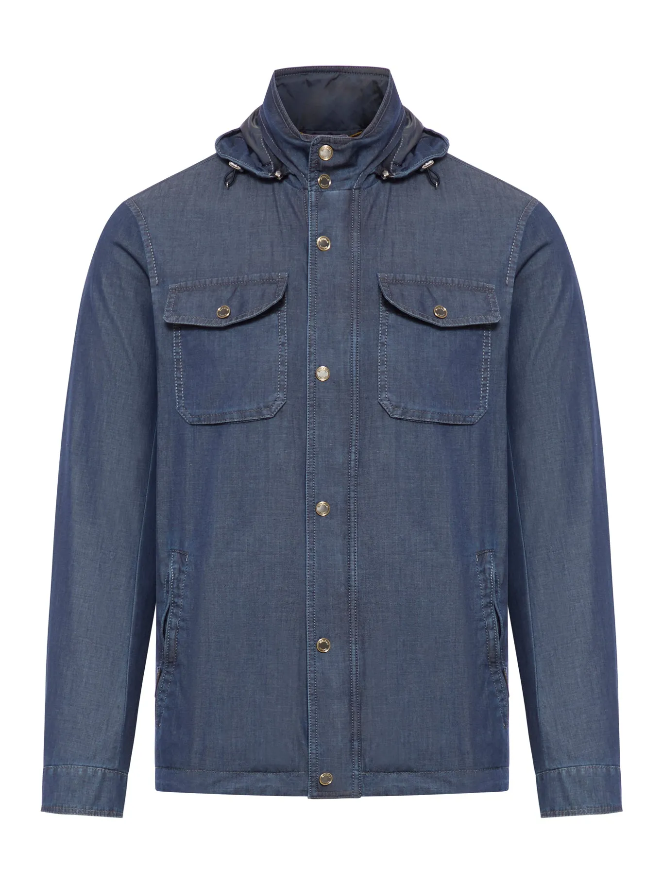 Denim shirt jacket with hood