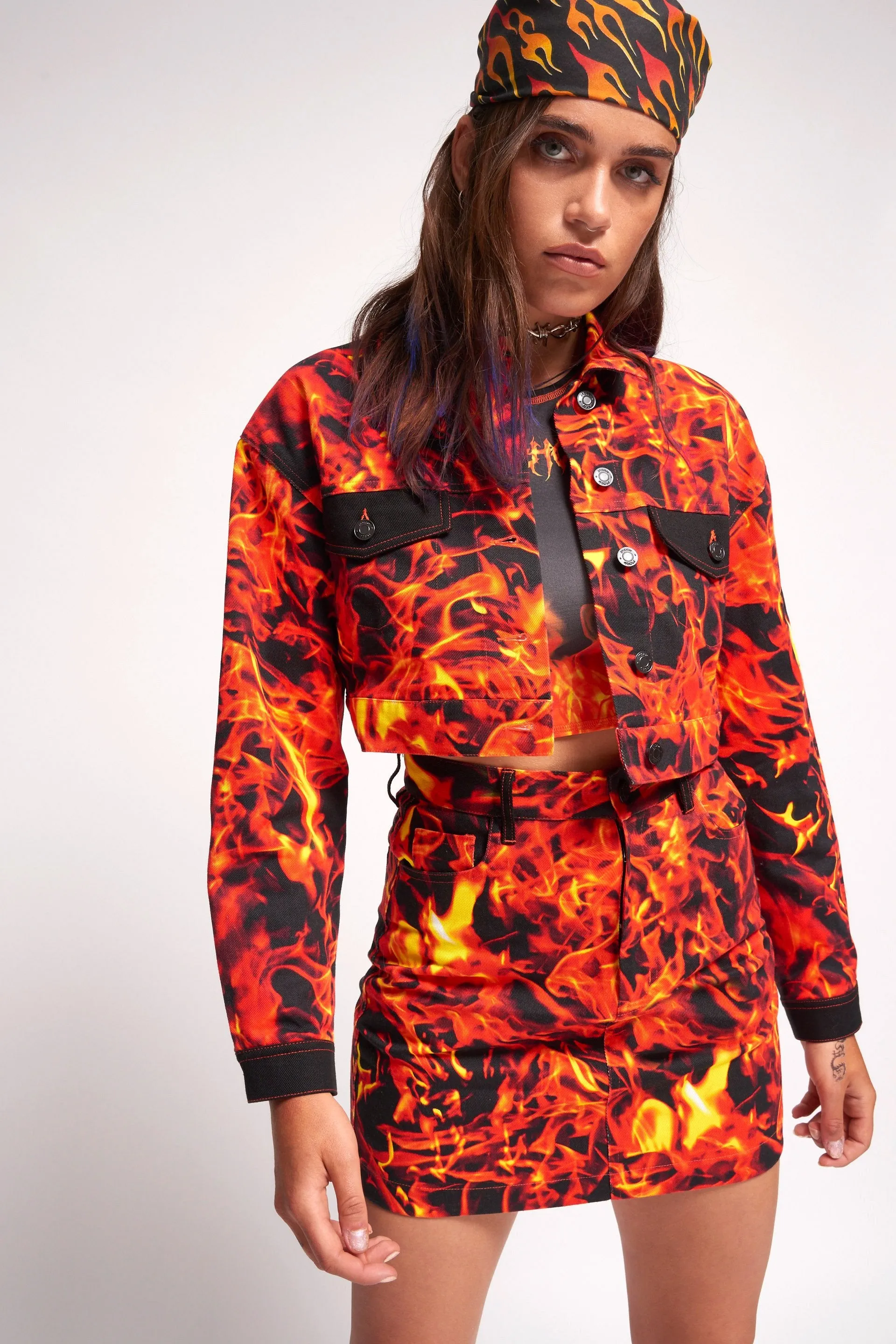 Flame Print Cropped Denim Jacket