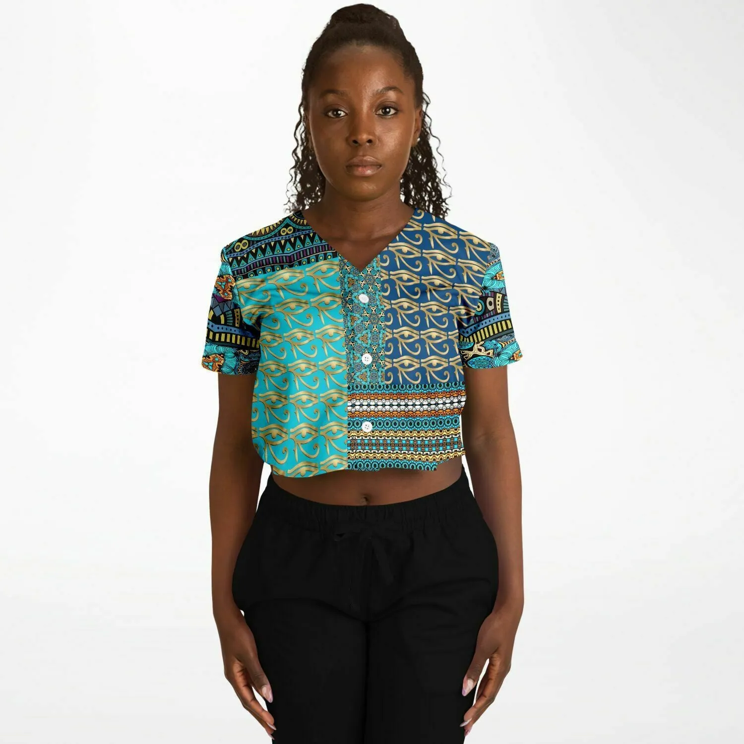 Many Blessings Patchwork Print Cropped Button Front Jersey