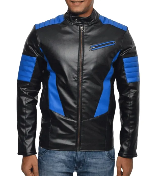 Men's Designer FJM553 Biker style Black and Blue Leather Jacket