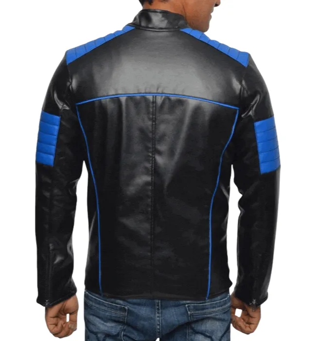 Men's Designer FJM553 Biker style Black and Blue Leather Jacket