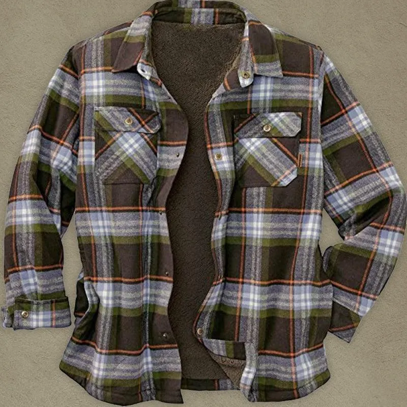 Men’s Plaid Pattern With Buttoned Breast Pocket Faux Sherpa-lined Flannel Shirt Jacket