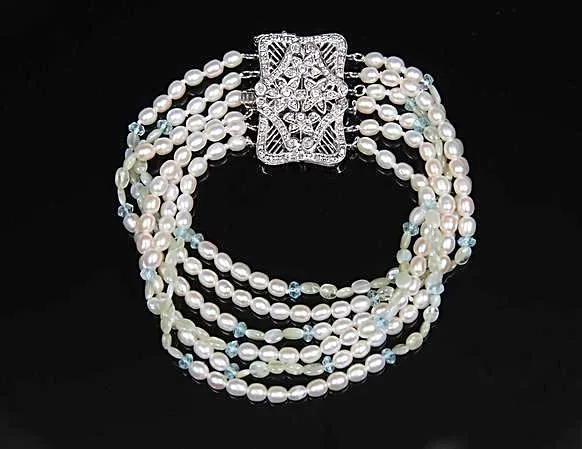 Pearl, Blue Topaz, Chrysoberyl, Diamonds, and White Gold Bracelet