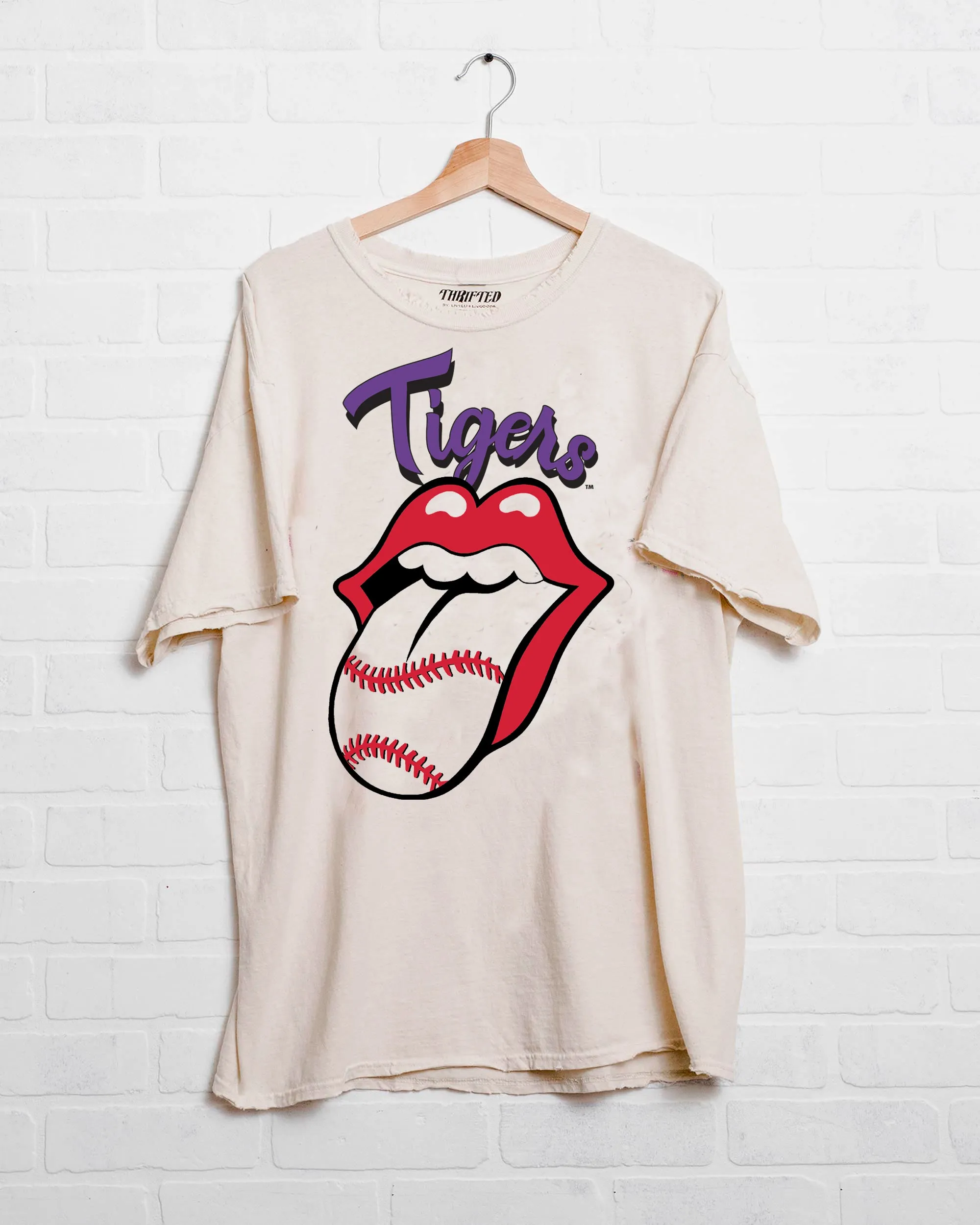 Rolling Stones LSU Tigers Baseball Lick Off White Thrifted Tee