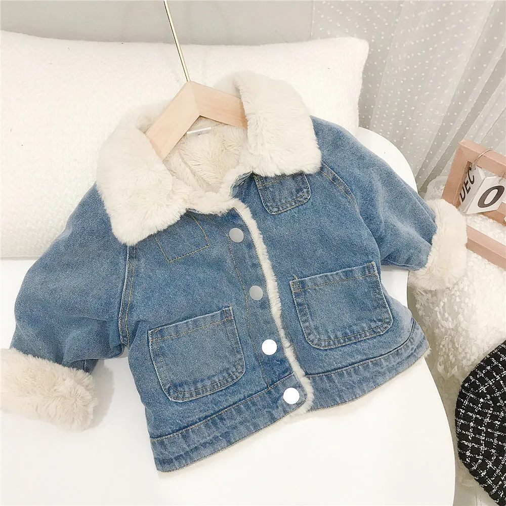 Toddler Kids Thickened Furry Denim Jacket