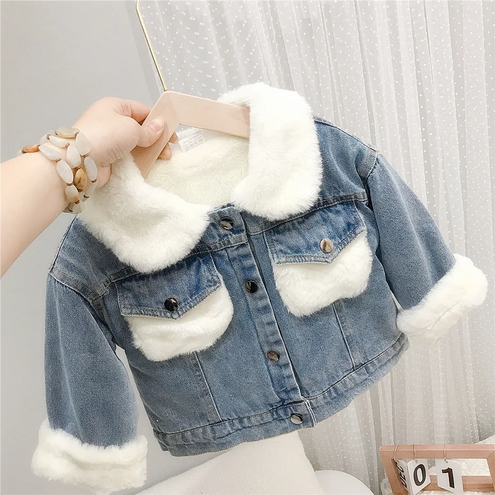 Toddler Kids Thickened Furry Denim Jacket