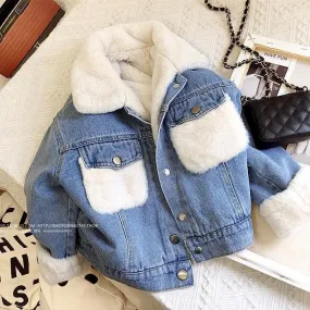 Toddler Kids Thickened Furry Denim Jacket