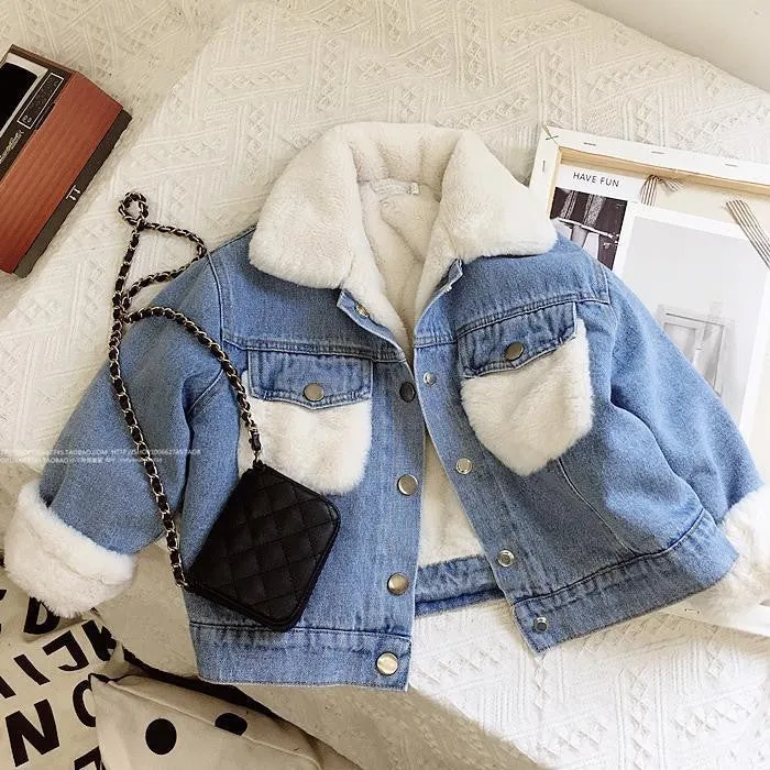 Toddler Kids Thickened Furry Denim Jacket