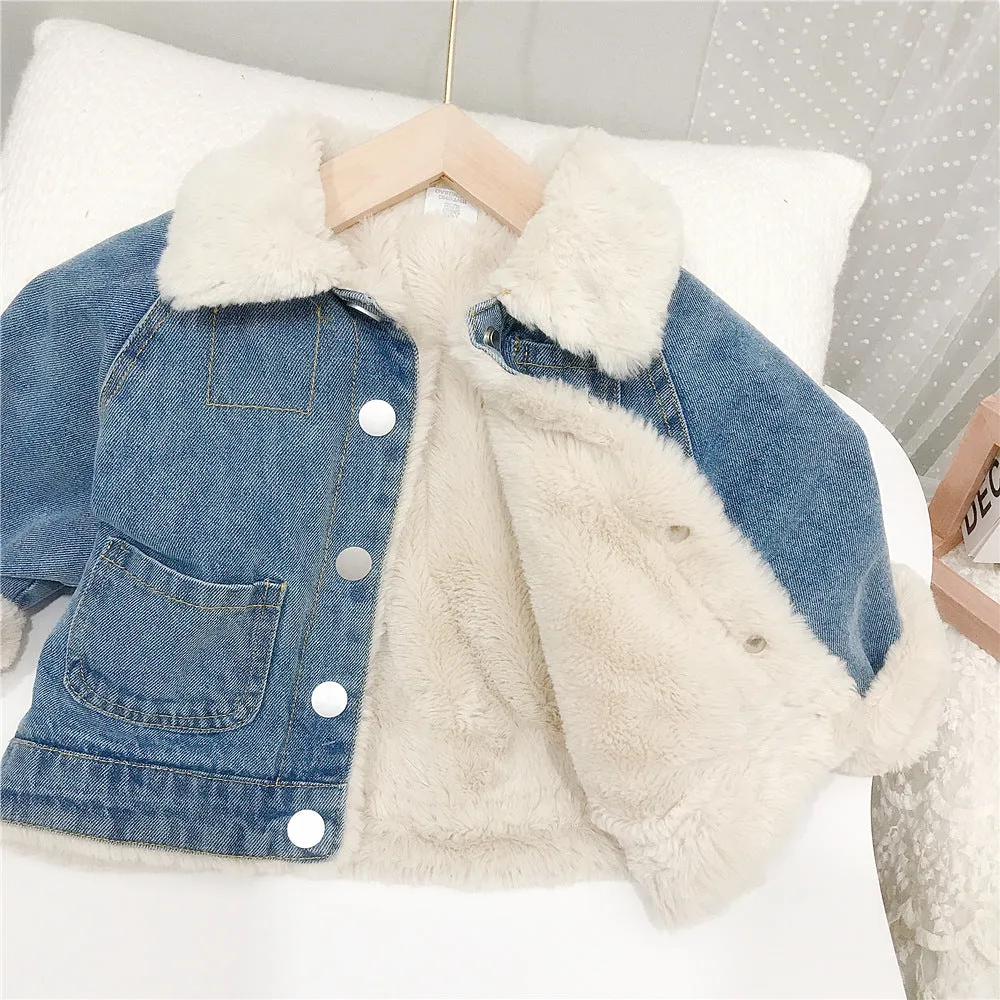 Toddler Kids Thickened Furry Denim Jacket