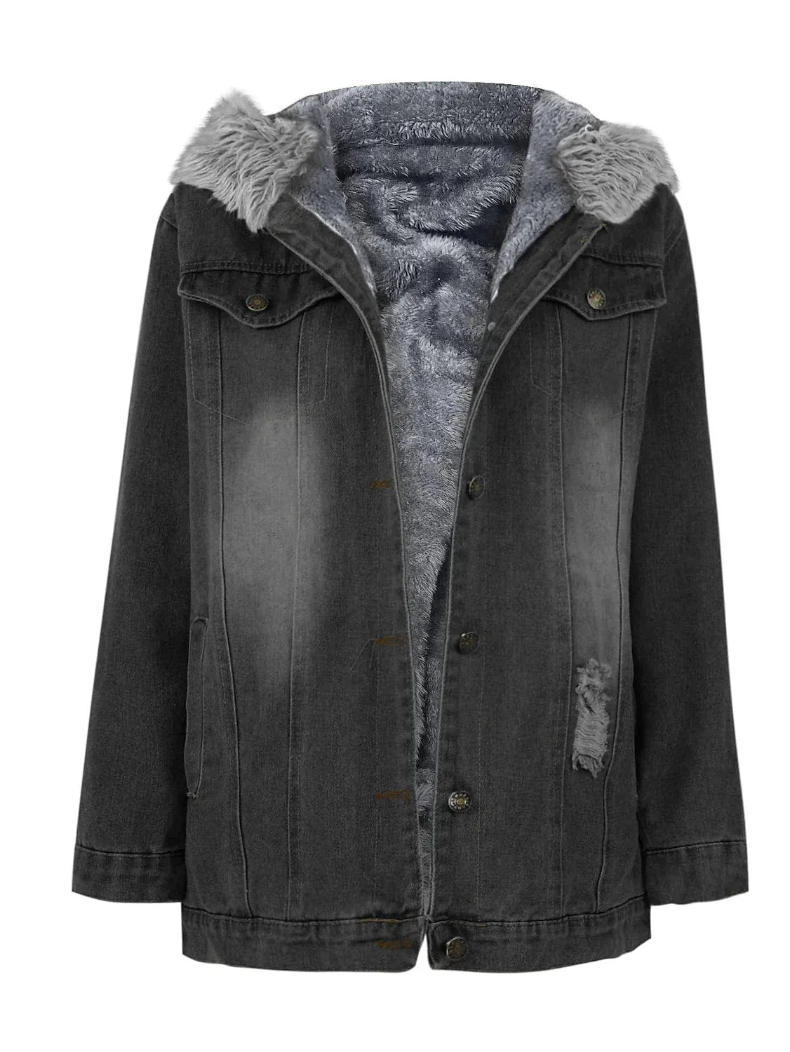 Women's Denim Jacket with Detachable Hood and Faux Fur Trim